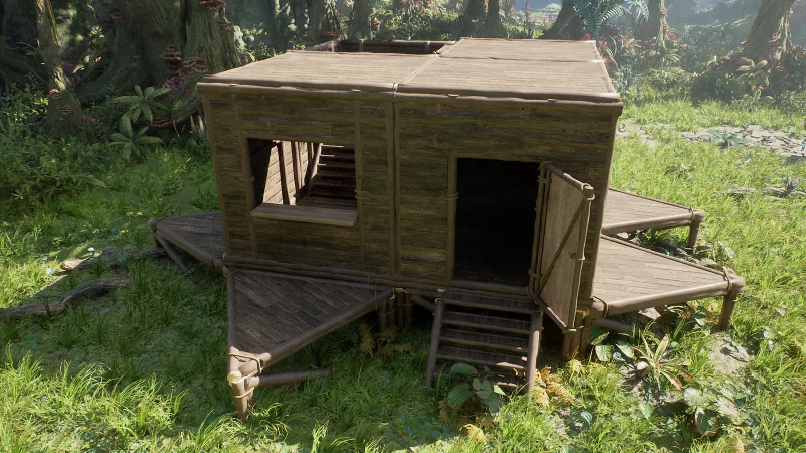 Ventra: a wooden stilt house with open shutters and a plank walkway, standing in a sunlit jungle clearing.