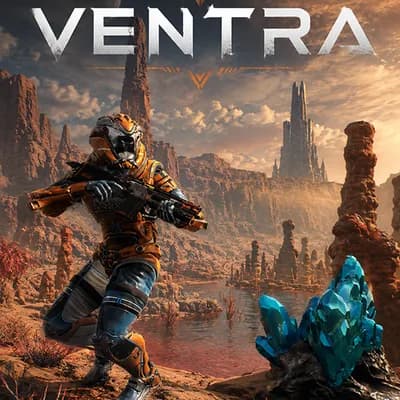 Ventra: an armoured figure with a rifle crossing a rocky canyon of glowing blue crystals, under the Ventra wordmark.